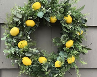 Lemon Wreath, Kitchen Wall Decor, Spring Door Wreath, Asparagus Fern and Lemon Wreath, Bay Laurel Wreath with Lemons