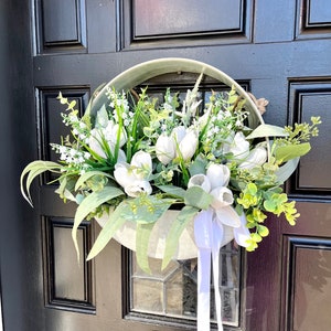 White Tulip Wreath- Metal Hanging Planter-Spring Front Door Hanger-Mothers Day Gift-Upcycled Home Decor