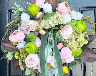 Hydrangea Pear and Peony Wreath, Front Door French Country Decor