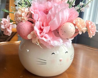 Ceramic Bunny  Arrangement-Easter Table Decor-Pink Peony Centerpiece-Gift for Her-Spring Home Decor