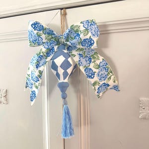 Hand Painted Wood Finial Tassel – Wedgewood Blue White Harlequin Ornament, French Country Style