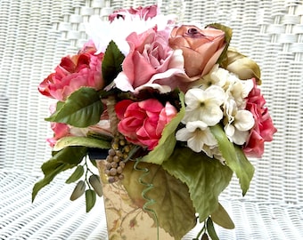 Shabby chic Floral Arrangement, Rose Centerpiece, French Country Floral Decor, Birthday Gift, Mantel Decor