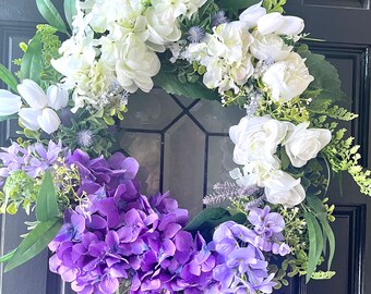 Hydrangea and Peony Front Door Wreath-Purple and White Hydrangeas Door Decor-Mothers Day Gift-Cottage Style Floral Wall Decor