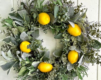 Front Door Wreath, Lemon Wreath, Boxwood Wreath, Housewarming Gift, Olive Branch wreath,Year Round wreath, Kitchen Wreath, Lemon Decor