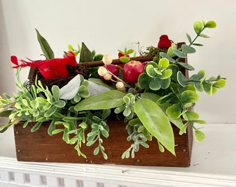 Cardinal Arrangements-Fall Boxwood Centerpiece-Wooden Planter-Kitchen Island Decor-Mantelpiece Decor-Gift for her