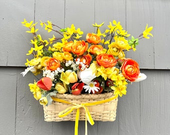 Spring Hanging Door Basket-Yellow and Orange Tulip Wreath-Easter Basket for Front Door-Mothers Day Gift-Farmhouse Basket- Wreath Alternative