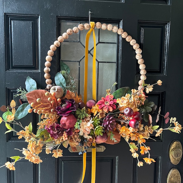 Fall Bead Wreath-Farmhouse Front Door Wreath-Minimalist Wreath-Housewarming Gift-Thanksgiving Wreath-Succulent Door Wreath