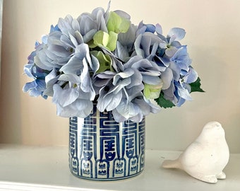 Blue Hydrangea Arrangement-White and Blue Ginger Jar-Chinoiserie China Decor-French Country Decor-Easter Centerpiece-Gift for Mom