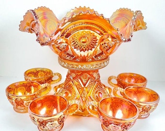 Vintage Marigold Carnival Glass Punch Bowl Set w/ Pedestal & 6 Cups – Iridescent Orange
