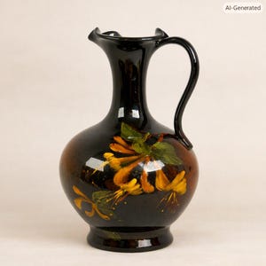 May include: A glossy black ceramic pitcher featuring a hand-painted floral design of orange honeysuckle blossoms and green leaves. The vessel has a rounded body, a narrow neck, a flared rim, and a curved handle extending from the neck to the shoulder.