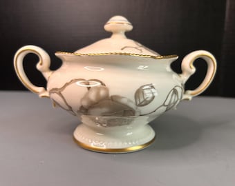 Castleton China “Gloria” Lidded Sugar Bowl — Vintage Gray Floral Porcelain