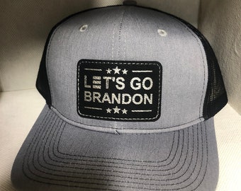 Let’s Go Brandon Hat.  Leather Patch Hat on Heather Grey and Black hat.  Free Shipping