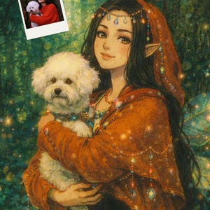 Puede incluir: Retrato de arte digital de una mujer con largo cabello negro y orejas puntiagudas, sosteniendo un perro blanco y esponjoso. Lleva una capa con capucha naranja y joyas. La imagen incluye una foto más pequeña de la mujer con el perro. Texto: "Magical Portrait from Your Photo."