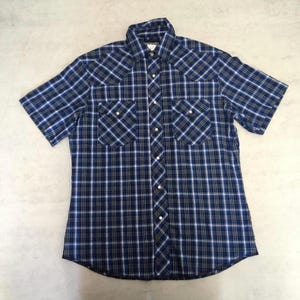 Vintage Wrangler Shirt Mens Medium Blue Plaid Pearl Snap Cowboy USA Western