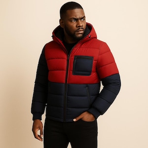 Men’s Red & Navy Color Block Puffer Jacket with Hood – Warm Quilted Winter Coat for Cold Weather and Casual Wear | Mens Puffer Jacket