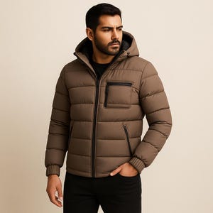 Men’s Puffer Jacket with Hood – Quilted Winter Coat in Brown, Black, Gray & White – Warm Water-Resistant Zip-Up Outerwear – Weather Jacket