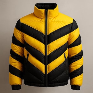 Yellow and Black Chevron Puffer Jacket for Men – Warm Quilted Winter Coat, Lightweight Zip-Up Color Block Outerwear |