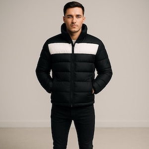 Black and White Quilted Puffer Coat for Men – Warm Insulated Winter Zip Jacket, Lightweight Color Block Outerwear | Mens Designer Puffer
