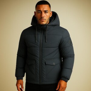 Men’s Gray Puffer Jacket with Hood – Warm Quilted Winter Coat – Water-Resistant Windbreaker – Casual Cold Weather Outerwear |