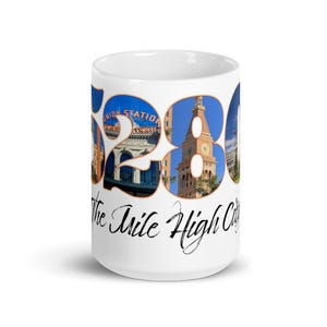May include: White ceramic mug featuring the number "80280" with images of buildings and the text "The Mile High City" in a script font. The mug is a standard size and shape.