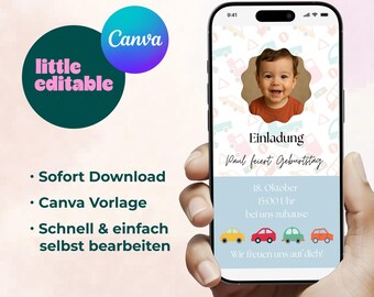 Può includere: Uno smartphone mostra un invito di compleanno con la foto di un bambino. L'invito include il testo "Paul feiert Geburtstag" e "18. Oktober". Illustrazioni di auto colorate decorano lo sfondo. Il logo Canva è visibile.