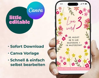Digital invitation for a child's birthday party, customizable, invitation for girls, flowers, flower meadow, Canva template, pink