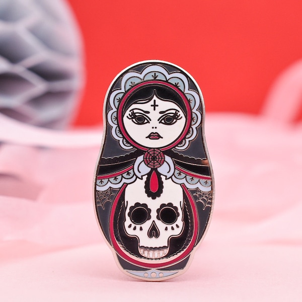 Cute Creepy Enamel Pin, Cute as Hell, Goth Girl, Russian Doll, lapel badge