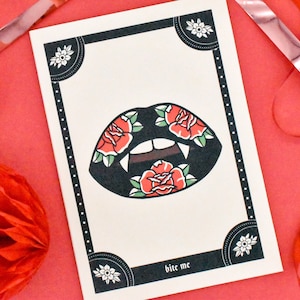Bite Me Vampire Lips Tattoo Handmade Card