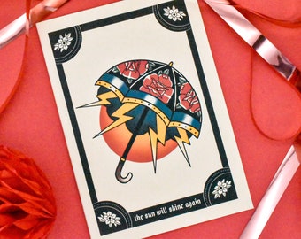 The Sun Will Shine Again, Roses & Lightning Bolts Umbrella Tattoo Handmade Card