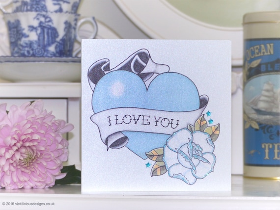 Handmade Happy Birthday Card Vintage Blue Swallow /& Roses Tattoo Design