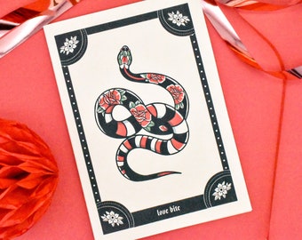 LOVE BITE Black & Blood Red Rose Snake Tattoo Handmade Card