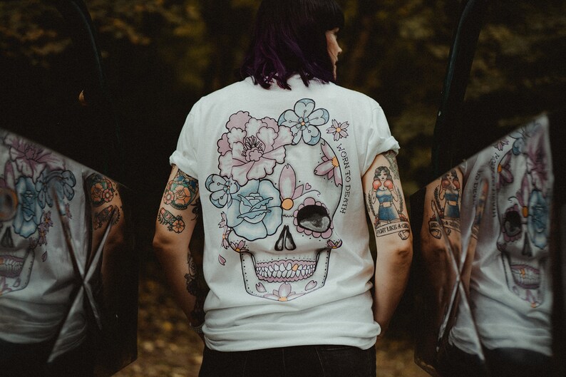 Worn To Death Peony Day Of The Dead Sugar Skull Tattoo Front Etsy