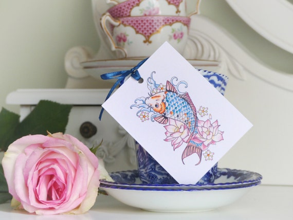 Carpe Koi Japonaise Et Lotus Fleur Tatouage à La Main Ensemble De 3 Etiquettes Cadeaux