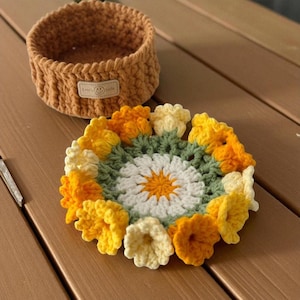 Handmade Crochet Flower Coaster With Basket, Crochet Rose Coasters, Crochet lily of the valley Bouquet, Crochet Coaster, Christmas Gift