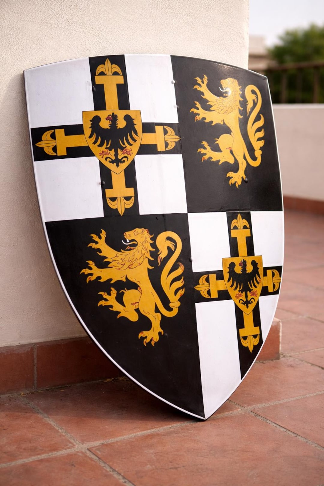 Handmade 28 Quartered Heraldic Heater Shield Replica With Lion Rampant handmade-28-quartered-heraldic-heater-shield-replica-with-lion-rampant