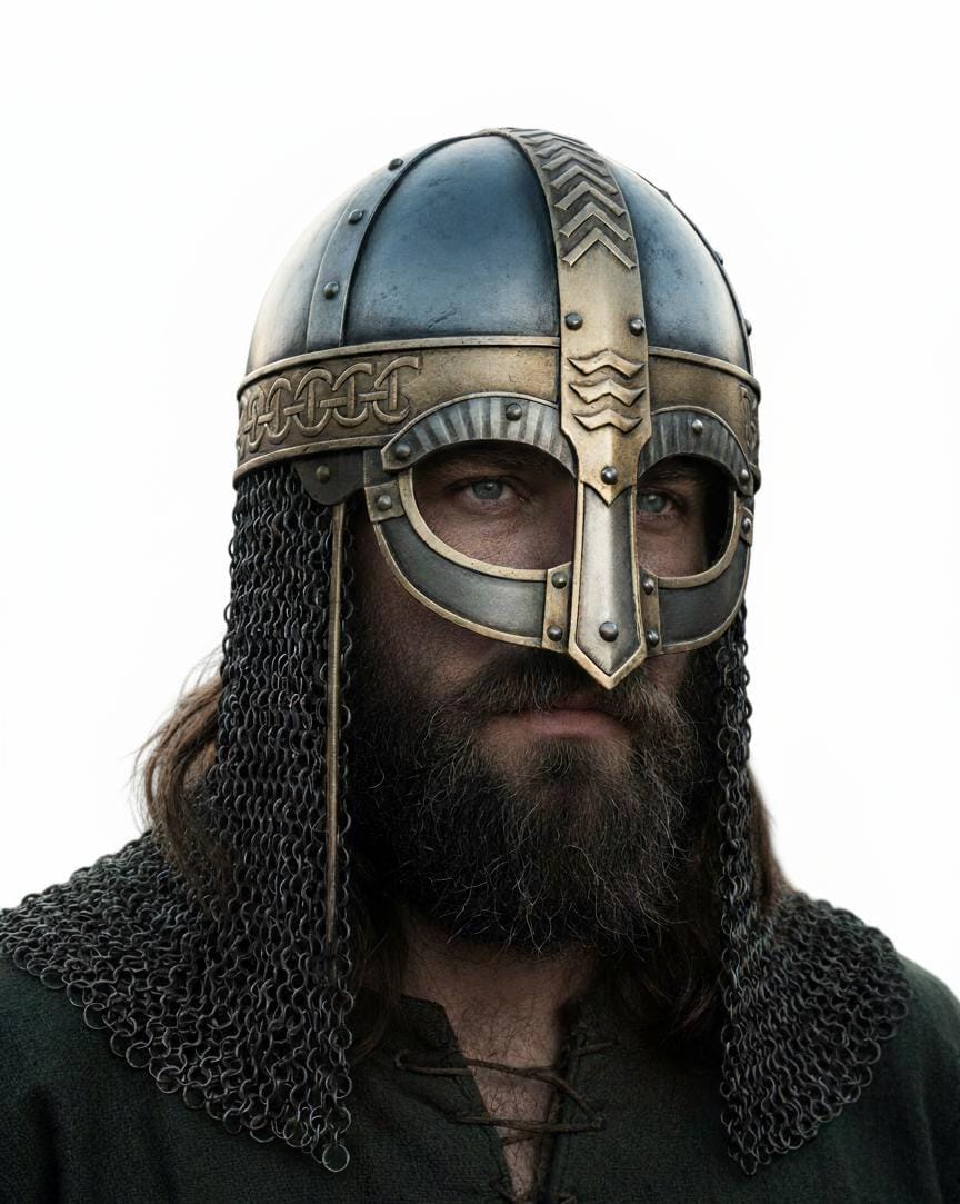 Mittelalterlicher Wikingerhelm Vendel Stahl - Mit Geätztem Design & Kettenhemd - Für Erwachsene