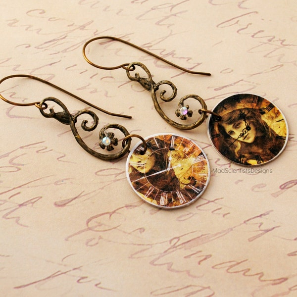 Steampunk Victorian Decoupage Earrings - Sepia