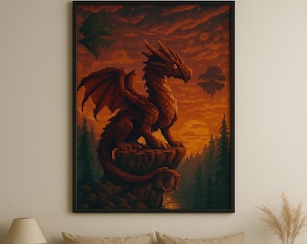 Pixel Dragon Art Print: Retro Gaming Fantasy Decor (Digital Download, 5 JPG Sizes Included)