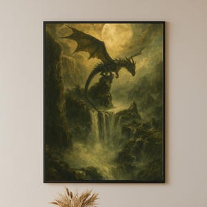 Black Dragon Gothic Print: Wasserfall Mondschein Kunst (Digitaler Download