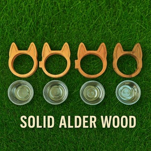 Handmade set of 4 cat/dog bowls – Two-Tone Pet Dish Collection for Food/Water Wooden Pet Feeder – Natural alder/stainless steel bowl