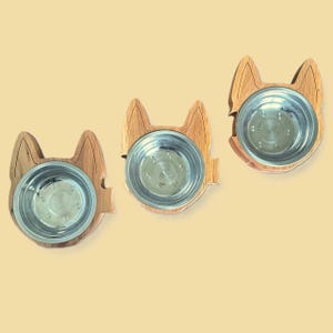 Triple Wooden Pet Feeder – Puzzle Alder Wood Stand with 3 Bowls – Cat or Dog Face Design – Handmade Rustic Pet Supplies