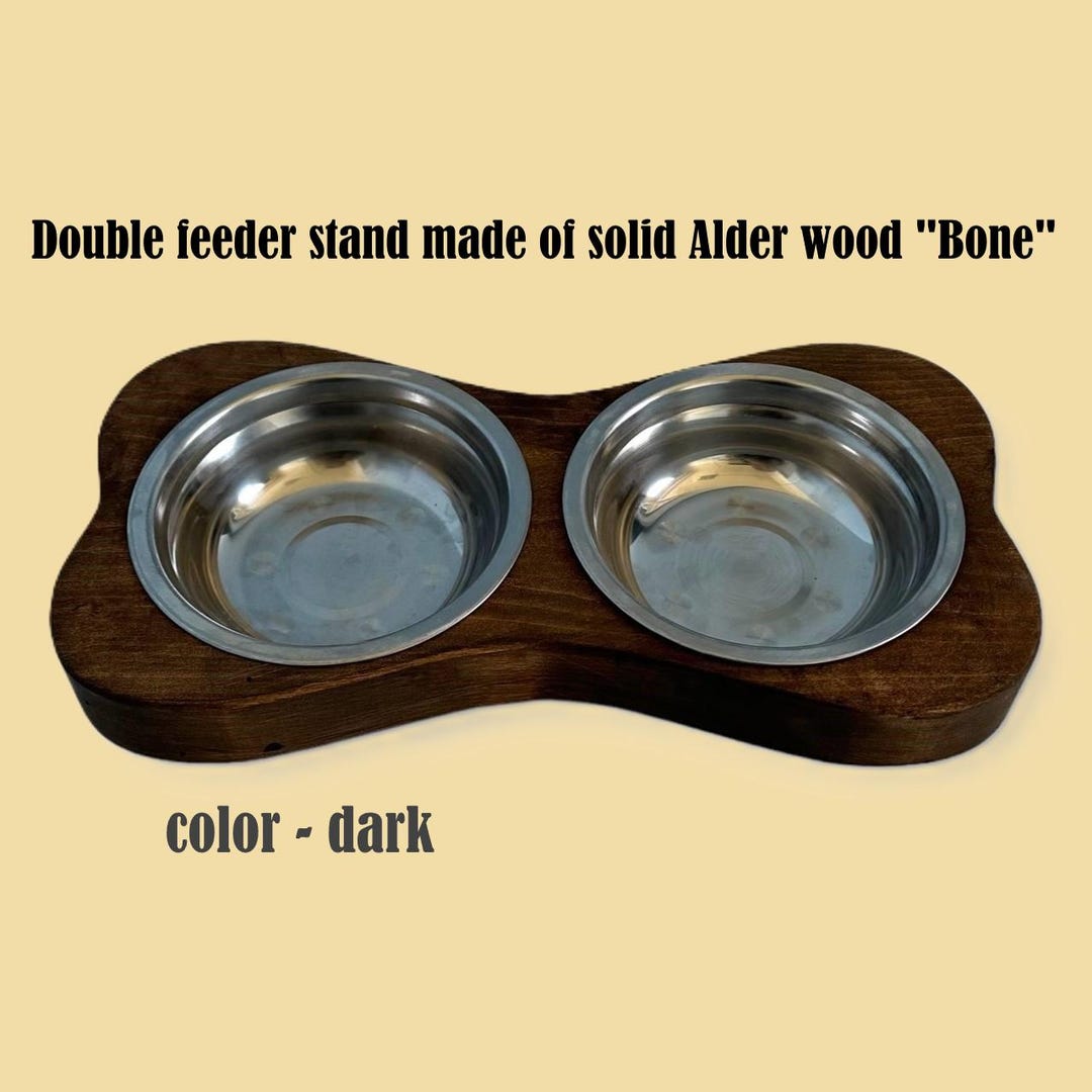 Polling Bone Feeder For Pets Reference: Bone Shaped Wooden Pet Feeder Solid Alder Wood Double Bowl