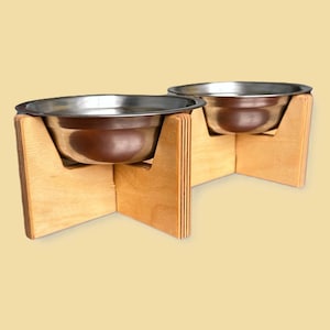 Adjustable Double Pet Feeder | Birch Plywood | 2 Metal Bowls | Wooden Stand for Cats & Dogs