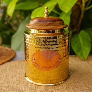 Ambi Home Tea Jar - Pure Brass Hammered Jar Storage Container - Large - Wood Lid