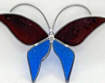 Vtg Handcrafted Stained Glass Butterfly Suncatcher Blue & Amber 8-1/4" x 5-1/2"
