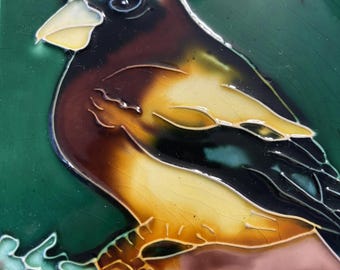 Handpainted Ceramic Art Tile: Evening Grosbeak Bird, Glazed Green 6"x6"