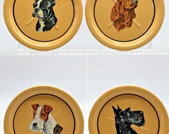 Vintage 1970's Metal Dog Theme Coffee Drink Coasters Yellow Set of 4 Different