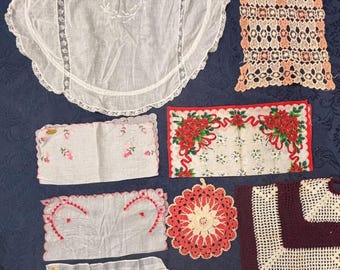 Vtg 1950's Handmade + More Linen Napkin & Doily Lot Embroidered Switzerland READ