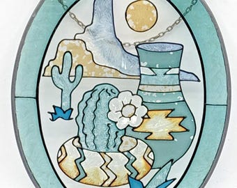 Vintage 1987 Handpainted Joan Baker Design Navajo Cactus Suncatcher 7" x 5-1/4"