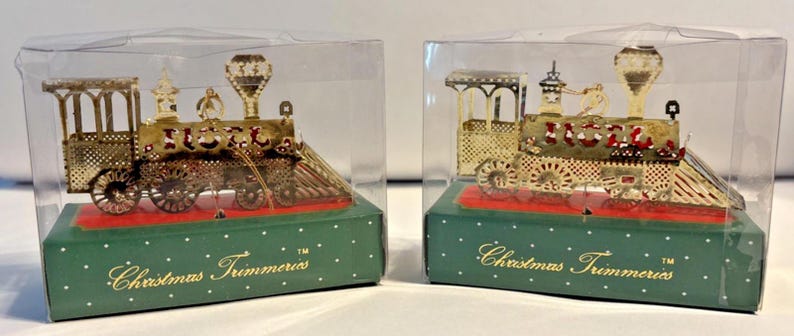 Bradford Novelty Christmas Ornament Gold Metal Train Engine Set of 2 in boxes